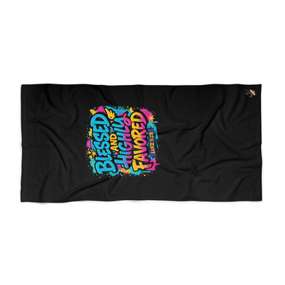 Blessed and Highly Favored — Colorful Faith-Inspired Summer Beach Towel (black)