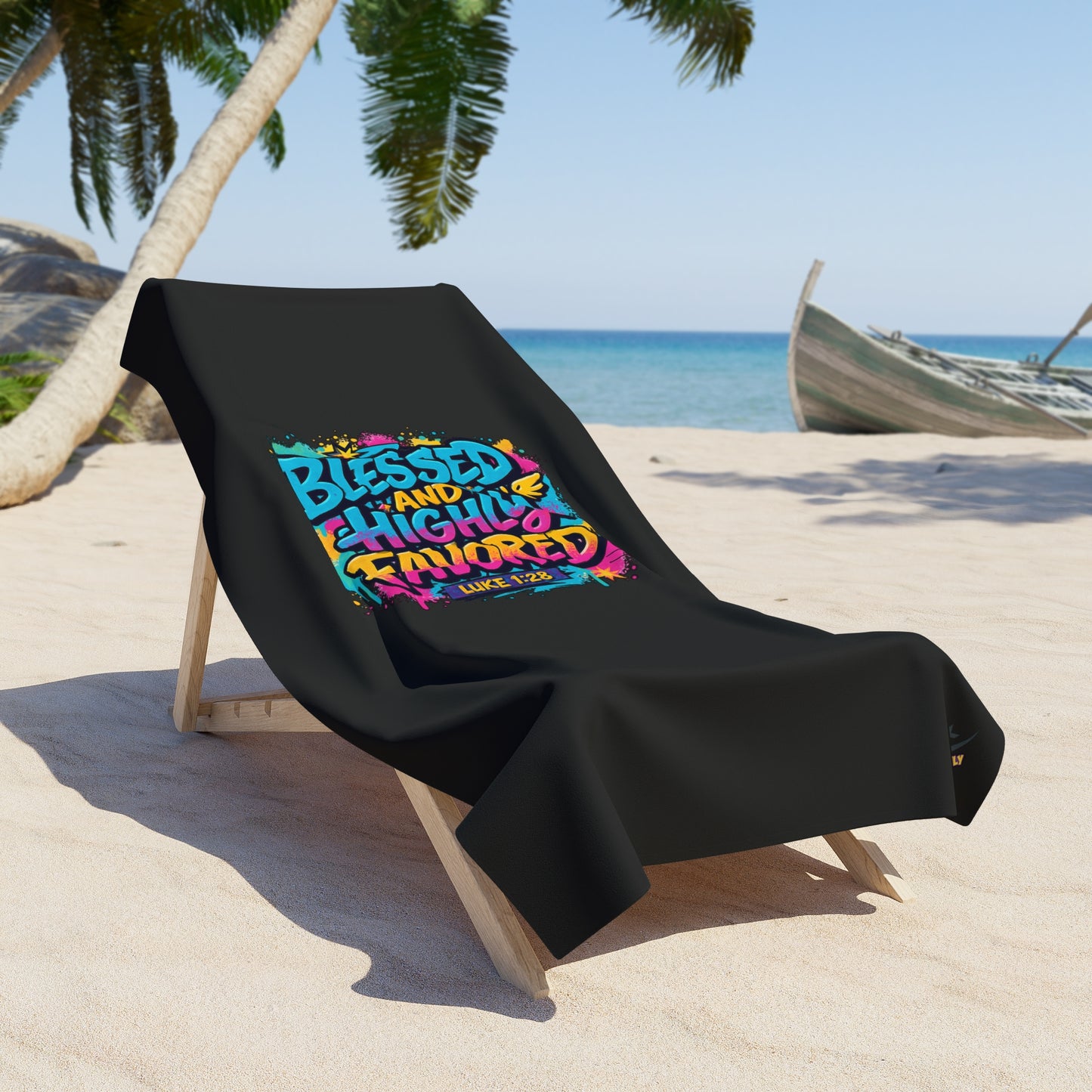 Blessed and Highly Favored — Colorful Faith-Inspired Summer Beach Towel (black)