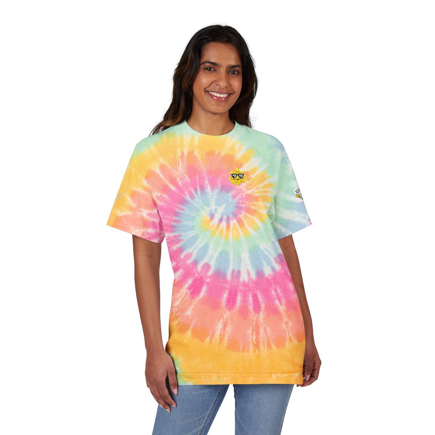 Vibrant Oversized Tie-Dye T-Shirt with Fun Embroidery, Summer Essential, Boho Fashion, Festival Wear, Unisex Casual Tee
