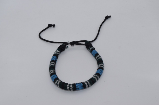 Blue Black White & Green Colored Fabric Bracelet