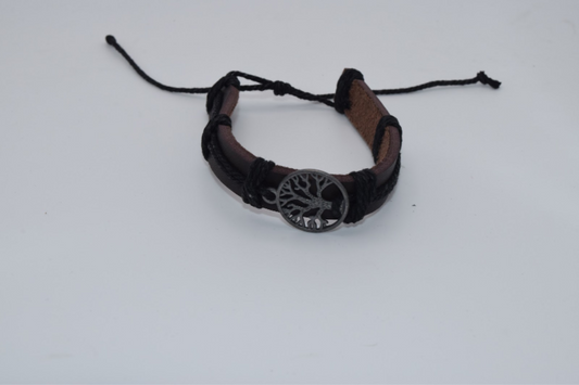 Brown Leather Tree of Life with Black Rope Bracelet